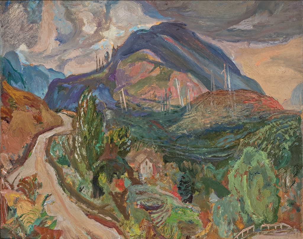 a painting of a mountain with a road leading up to it.