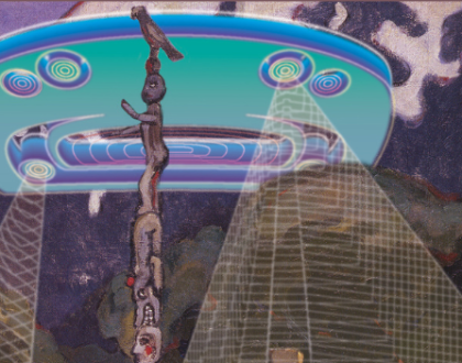 A detail of an artwork by Sonny Assu. A digital rendering of a spaceship is superimposed on a painting by Emily Carr.