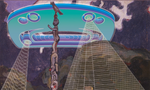 A detail of an artwork by Sonny Assu. A digital rendering of a spaceship is superimposed on a painting by Emily Carr.