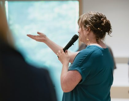 Curator Anik Glaude giving a talk at the Varley Art Gallery of Markham.