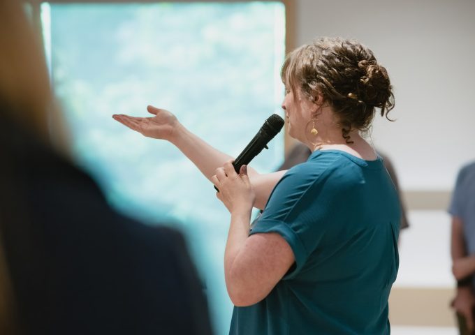 Curator Anik Glaude giving a talk at the Varley Art Gallery of Markham.