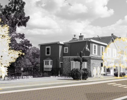 A black and white image of a portion of Main Street Unionville where public art will be located.