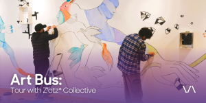 Promotional banner of event "Art Bus: Tour with Z'otz* Collective" at the Varley Art Gallery of Markham, featuring the Z'otz* Collective working on a mural artwork in the background