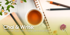 Promotional banner of event "Chai and Write" at the Varley Art Gallery of Markham, featuring a cup of Chai tea, some journals, pens, and plant samples in the background. 