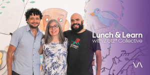 Promotional banner of event "Lunch and Learn with Z’otz* Collective" at the Varley Art Gallery of Markham, featuring the Z'otz* Collective standing in front of their mural artwork in the background
