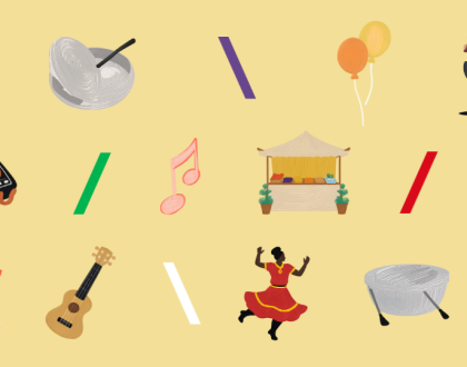 Promotional banner of One Love Festival at the Varley Art Gallery of Markham. Featuring graphics of music notes, a dancing lady, steel pans, ice cream, a DJ panel, and market stalls.