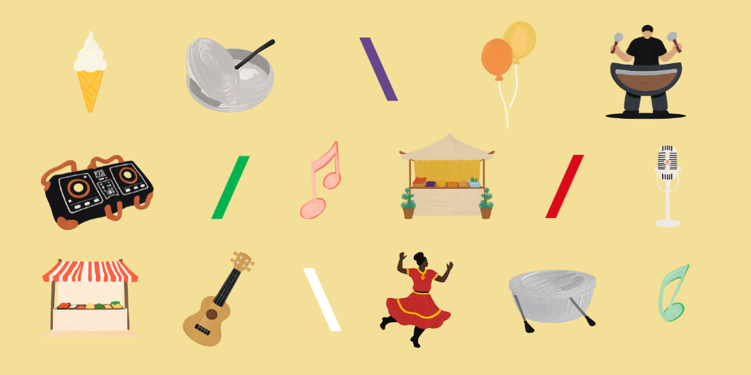Promotional banner of One Love Festival at the Varley Art Gallery of Markham. Featuring graphics of music notes, a dancing lady, steel pans, ice cream, a DJ panel, and market stalls.
