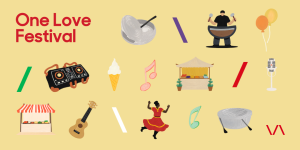 Promotional banner of One Love Festival at the Varley Art Gallery of Markham. Featuring graphics of music notes, a dancing lady, steel pans, ice cream, a DJ panel, and market stalls. 