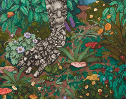 An artwork by Stanzie Tooth, featuring flowers, plants, and a hand placing on the ground.