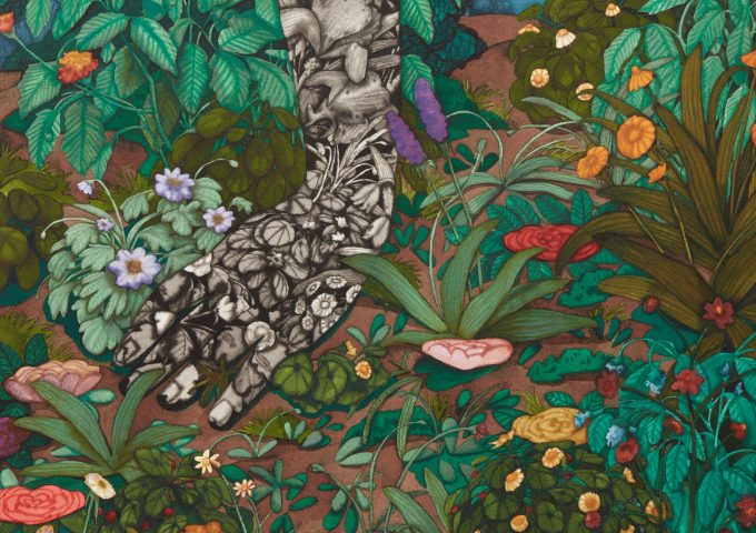 An artwork by Stanzie Tooth, featuring flowers, plants, and a hand placing on the ground.