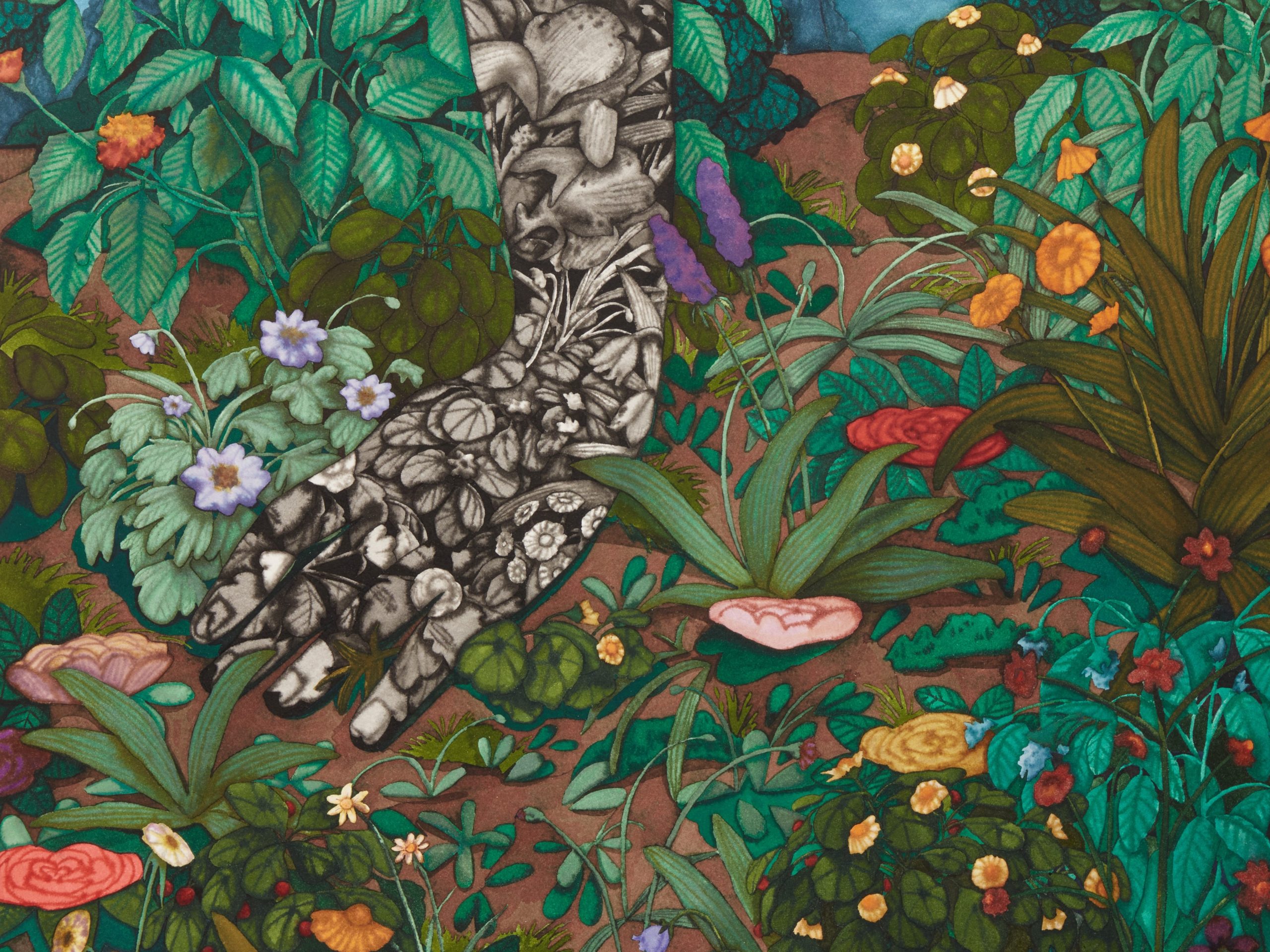 An artwork by Stanzie Tooth, featuring flowers, plants, and a hand placing on the ground.